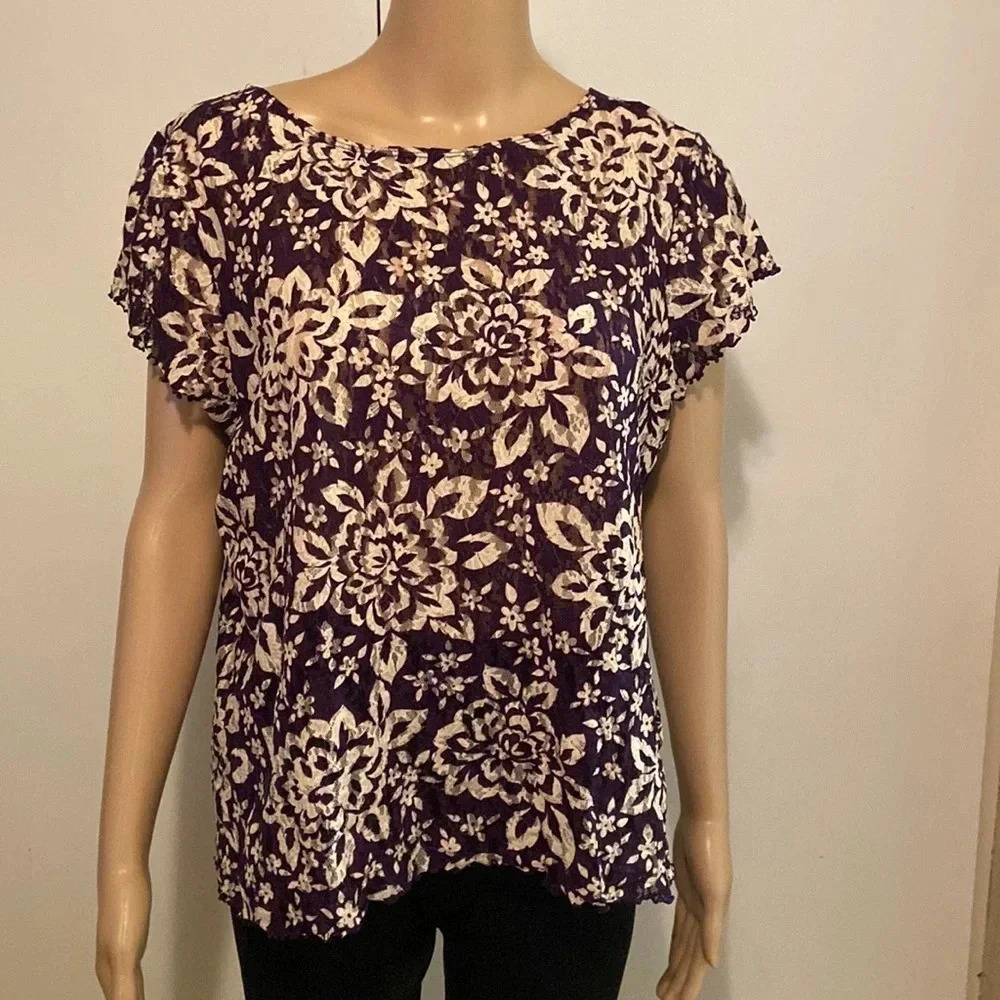 Josephine Chaus sheer lace top size XL, purple white floral stretchy